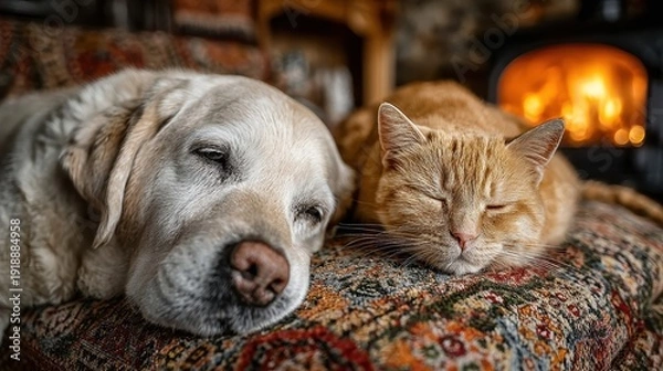 Obraz お昼寝する犬と猫