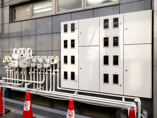 Obraz ビルの外壁に並ぶ複数のガスメーターと配電盤