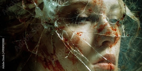 Fototapeta Bleeding woman's face through broken mirror reflection