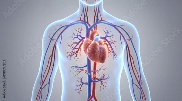 Fototapeta Cardiovascular system visualization inside a semi-transparent human torso