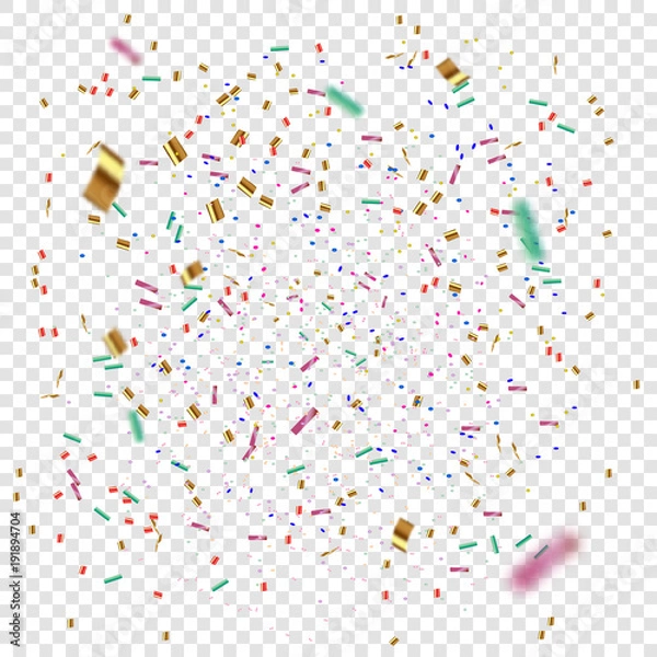 Fototapeta Golden and colorful Confetti on a transparent background. Vector illustration of flying confetti.