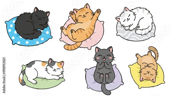 Obraz クッションの上でくつろぐ猫のイラスト