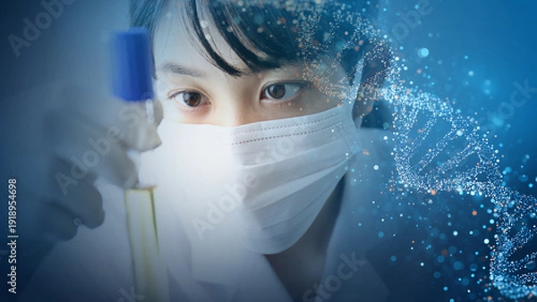 Obraz 試験管を見つめる女性研究員｜最先端医学と診断技術のイメージ