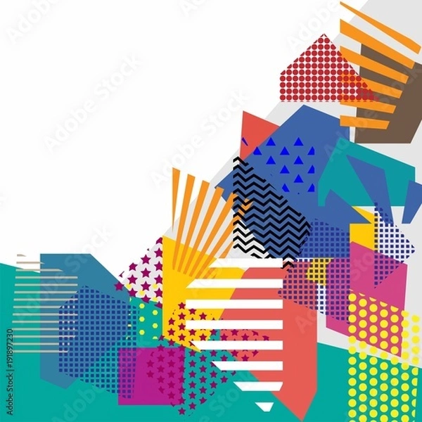 Fototapeta Colorful trendy geometric flat elements of pattern memphis. Pop art style texture. Modern abstract design poster and cover template