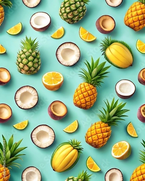 Obraz Tropical Fruit Assortment on Teal Background pineapple