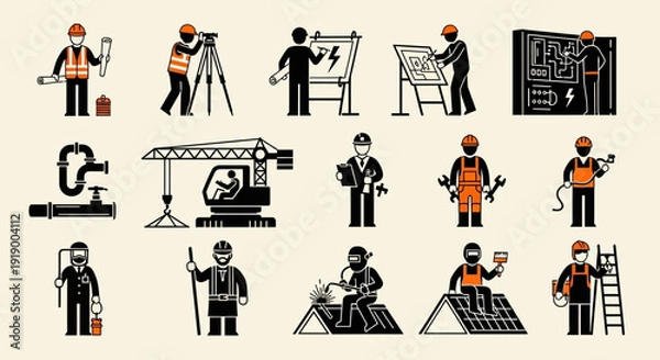 Obraz Diverse Skilled Trades & Professional Workforce Icons: Construction, Engineering, Maintenance Workers Vector Set