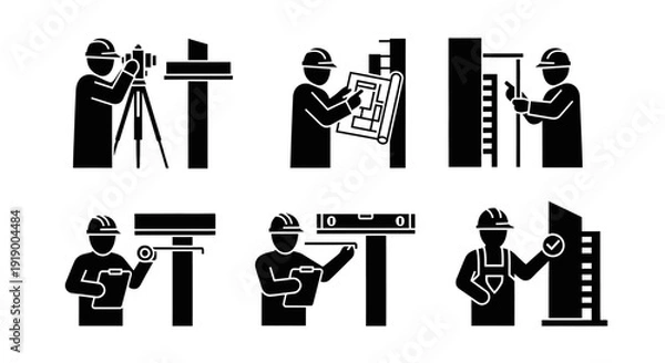 Obraz Construction, Surveying & Engineering Icons: Building Process & Professional Tasks