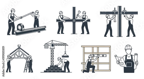Obraz Construction Workers and Building Process Vector Icons: Measuring, Assembly, Framing, Masonry, and Project Planning