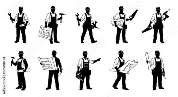 Obraz Construction Workers Silhouettes Vector Set: Builders, Handymen, Engineers with Tools & Blueprints