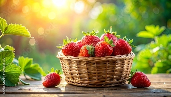 Obraz 木製テーブルの上に、赤く熟したいちごを入れた小さなバスケットを配置した春の静物写真。
背景には柔らかくぼけたガーデンの緑といちごの葉が広がる構図。
遠景の片隅には小鳥が静かに佇み、穏やかな季節感を演出。
食品広告、春キャンペーン、オーガニック商品、農業プロモーションに最適。