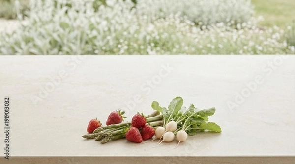 Obraz 木製テーブルに、苺やチェリートマト、アスパラガス、若い玉ねぎなどの春のオーガニック食材を自然に配置したスチルライフです。
わずかな形のばらつきや自然な不完全さが、リアルで誠実な印象を与えます。
背景にはやわらかくぼけた新緑と木漏れ日が広がり、穏やかなエココンシャスな空気感を演出。
広いネガティブスペースを確保し、サステナブルブランドやライフスタイル広告に最適な構図です。