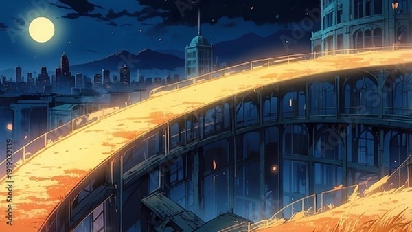 Obraz ゲーム背景　満月の夜の街と月光に照らされる空中回廊