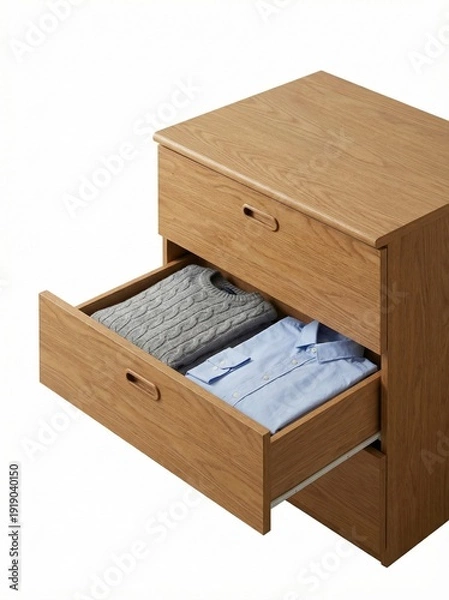 Obraz 木製タンス（引き出し）冬物衣類を収納　紺色のシャツとセーター　