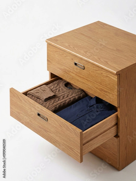 Obraz 木製タンス（引き出し）冬物衣類を収納　紺色のシャツとセーター　