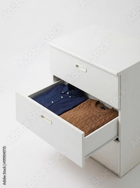 Obraz 白いタンス（引き出し）冬物衣類を収納　紺色のシャツと茶色のセーター　