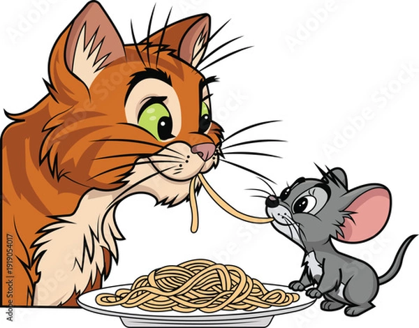 Obraz Cute Cartoon Cat and Mouse Sharing Spaghetti