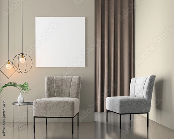 Obraz Mock up interior background with velvet armchairs, scandinavian style, 3d render
