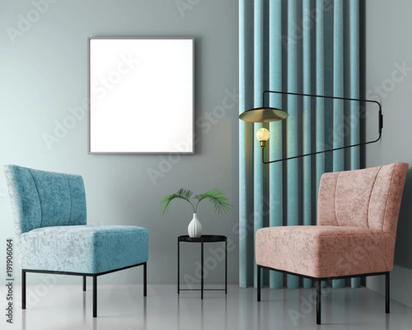 Obraz Mock up interior background with velvet armchairs, scandinavian style, 3d render