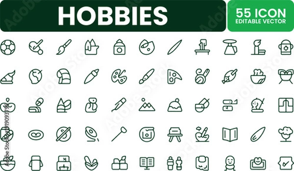 Obraz Hobbies Line Icons Pack - 55 Editable Stroke Vector Icons Set

