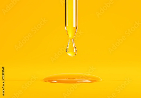Obraz 黄色背景に落ちる美容液の一滴 スポイト構図