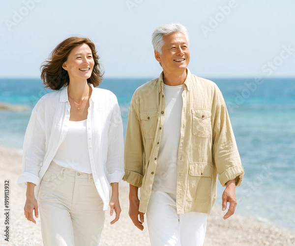 Obraz 晴れた海辺を歩く笑顔のシニア夫婦