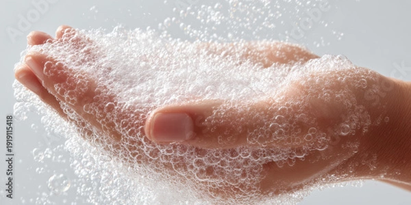 Obraz 白背景で泡立つ石けんと手洗いのクローズアップ