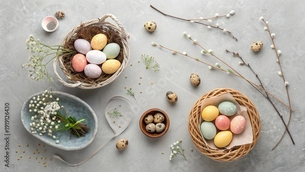 Obraz Easter Flat Lay on Grey Concrete Background - 10