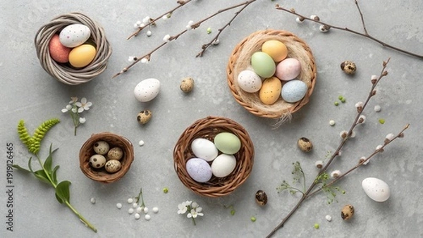 Obraz Easter Flat Lay on Grey Concrete Background - 7