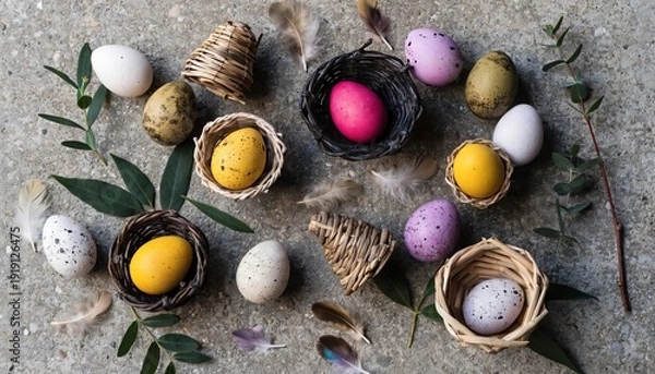 Obraz Easter Flat Lay on Grey Concrete Background - 6