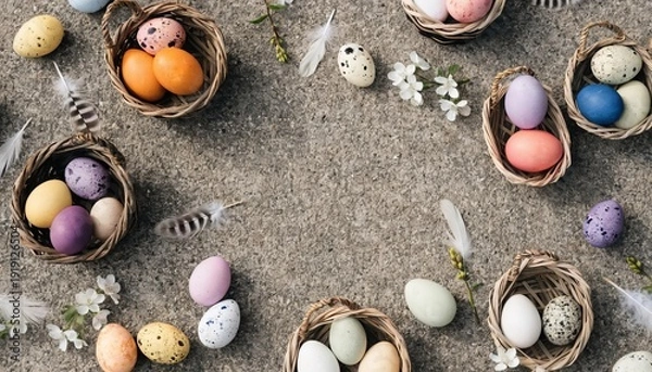 Obraz Easter Flat Lay on Grey Concrete Background - 4