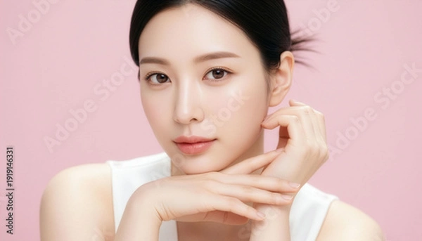 Obraz 透明感あふれる素肌とやわらかな血色感を引き立てる若い女性のビューティーポートレート、ピンク背景で清潔感と上品さを演出するスキンケア・化粧品広告向けイメージ