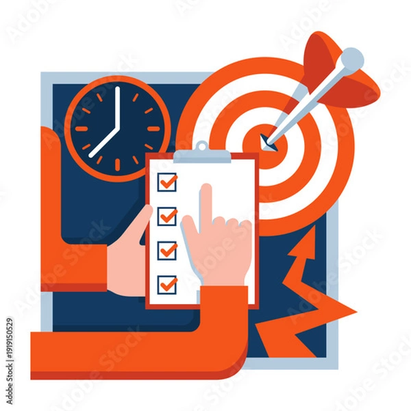 Obraz Time management - hands with document clipboard, clock and target