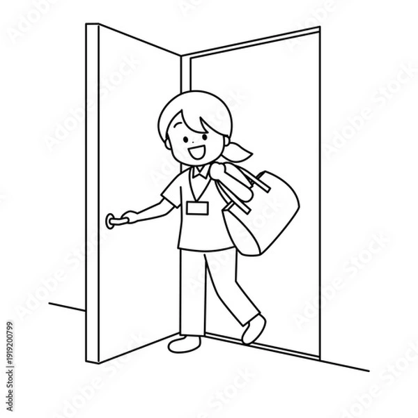 Obraz 笑顔で訪問先の部屋へ入る訪問看護師　線画