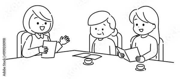 Obraz 在宅サービスについて相談している家族　線画