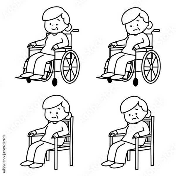 Obraz 車椅子や椅子に座るシニア女性　線画