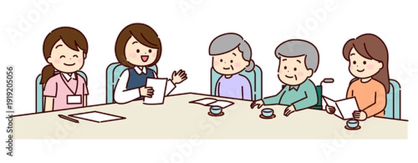 Obraz 介護保険サービスについて相談している家族