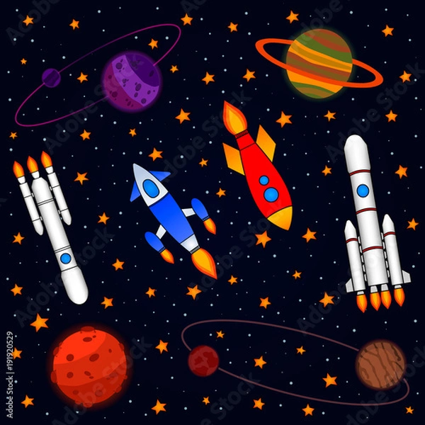 Fototapeta Rockets in interstellar space, painted in color. Planets and satellites, rockets flying into space. Vector illustration. Interstellar travel