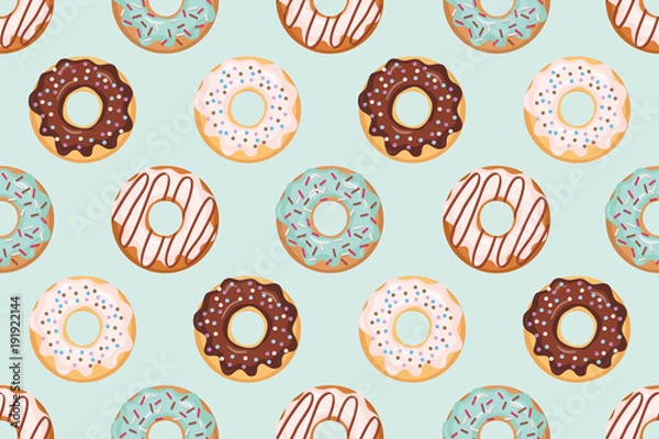 Fototapeta Seamless pattern with glazed donuts. Blue and beige colors. Girly. For print and web.
