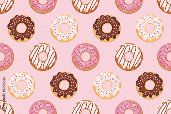 Fototapeta Seamless pattern with glazed donuts. Pink colors. Girly. For print and web.