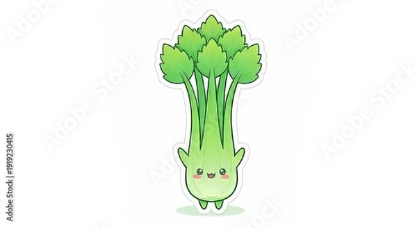Obraz Charming chibi celery character with a joyful expression on a clean white background, vector style.