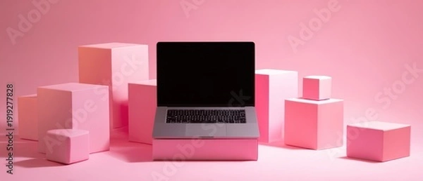 Obraz Modern laptop computer on pink cubes in studio setting with copy space