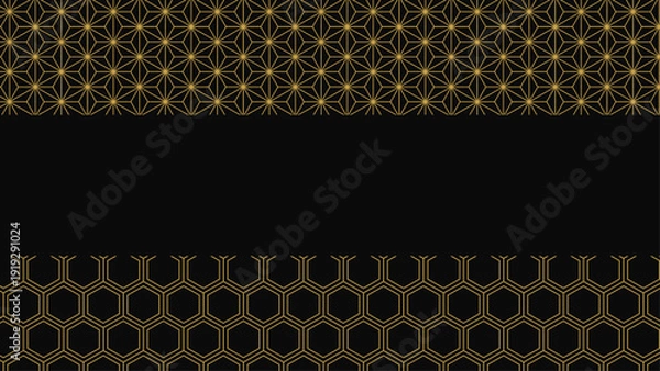 Obraz 黒背景に金の麻の葉と亀甲ボーダー（縁なし）和柄フレーム背景