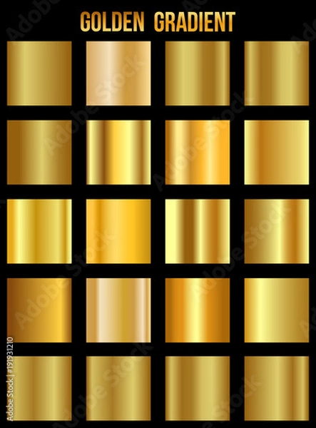 Fototapeta Set of golden gradient templates collection. Realistic shiny metall.Design for award, sale, background, web. Vector Illustration