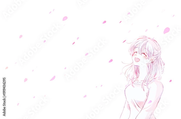 Obraz 笑顔の女性と桜吹雪