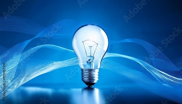 Obraz lightbulb on a blue surface with flowing lines