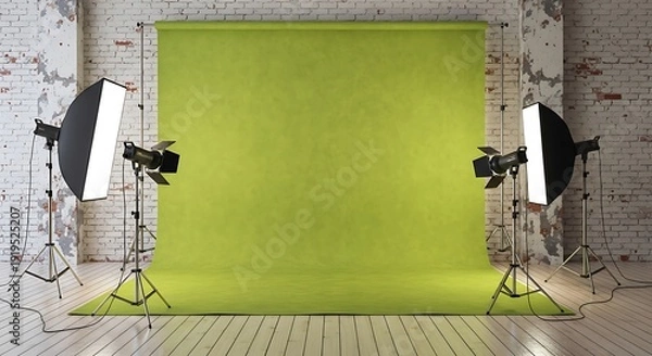 Obraz Versatile photography studio setup with green screen and softbox lighting