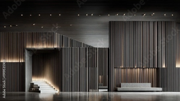 Fototapeta Interior space features dramatic vertical slat paneling and subtle accent lighting throughout