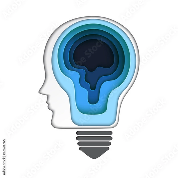Fototapeta Brain thinking business creative idea concept.Paper carve of human head with getting idea from light bulb paper art style.Vector illustration.