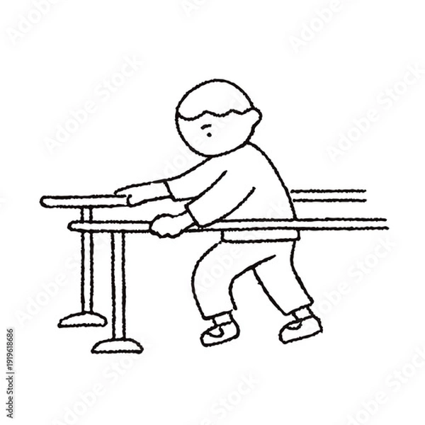 Obraz 手描きのリハビリをする人_歩行訓練_白黒