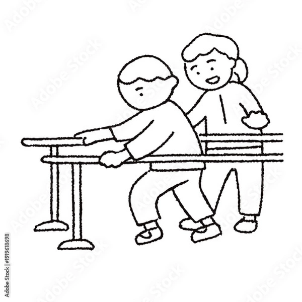 Obraz 手描きのリハビリをする人と介護士_白黒